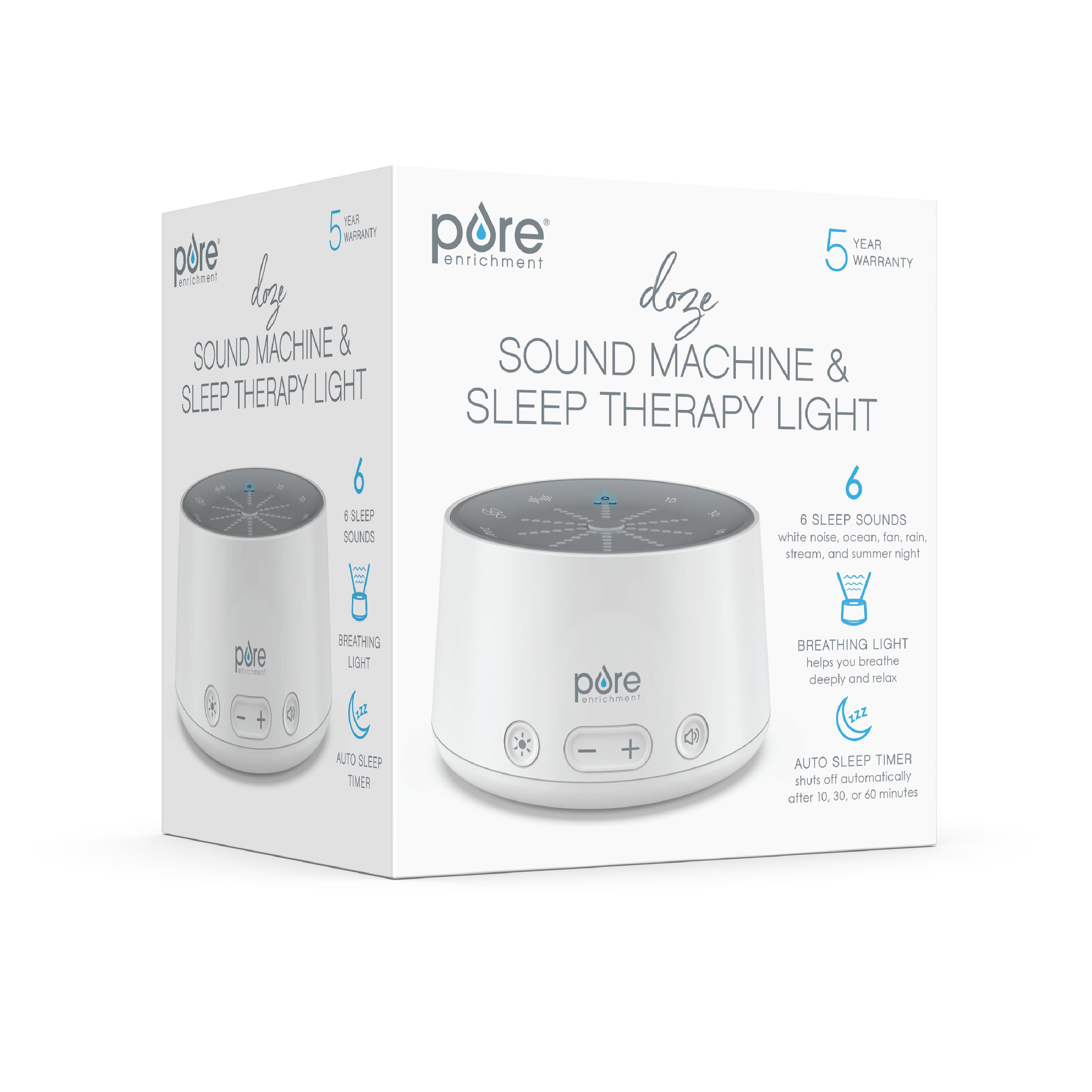 DOZE Sound Machine and Sleep Therapy Light - 6 Soothing Sounds, Relaxing Pulse Light, Auto Sleep Timer, and Built-In USB Charger - All-Natural Sleep Aid and Stress Reliever