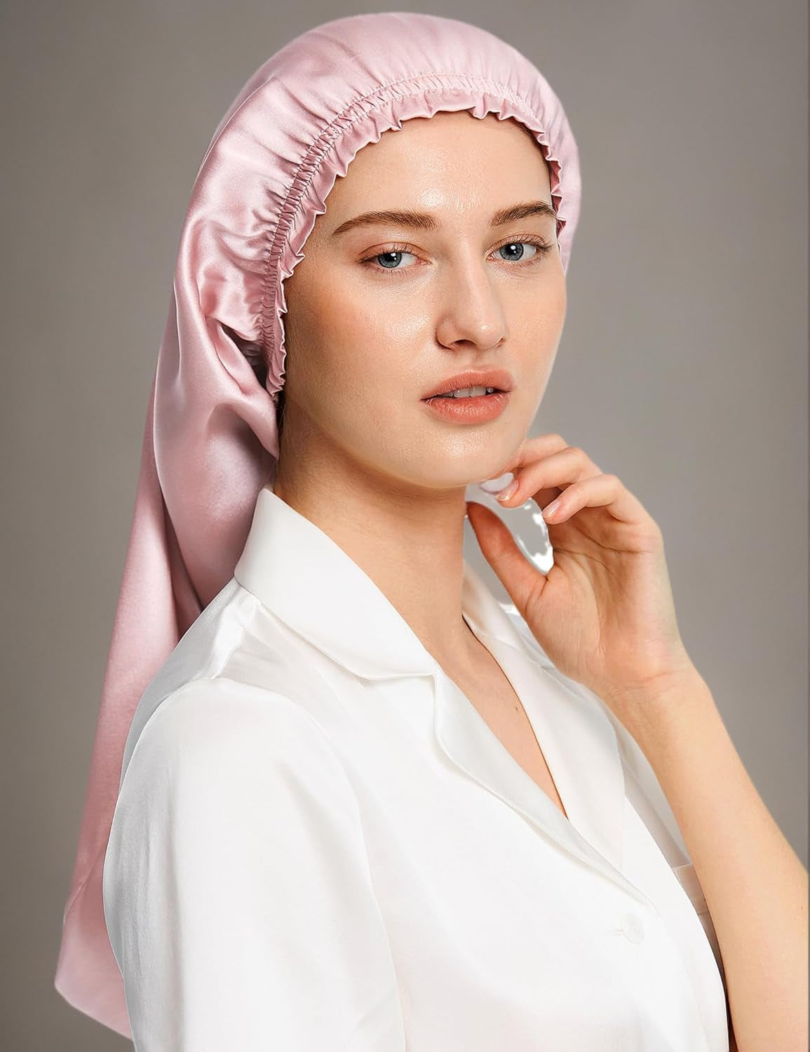 Extra Long Silk Bonnet Sleep Cap for Women Soft Adjustable Hair Bonnet for Braids,Curly,Long Hair- Soft Elastic Band, Rosy Pink