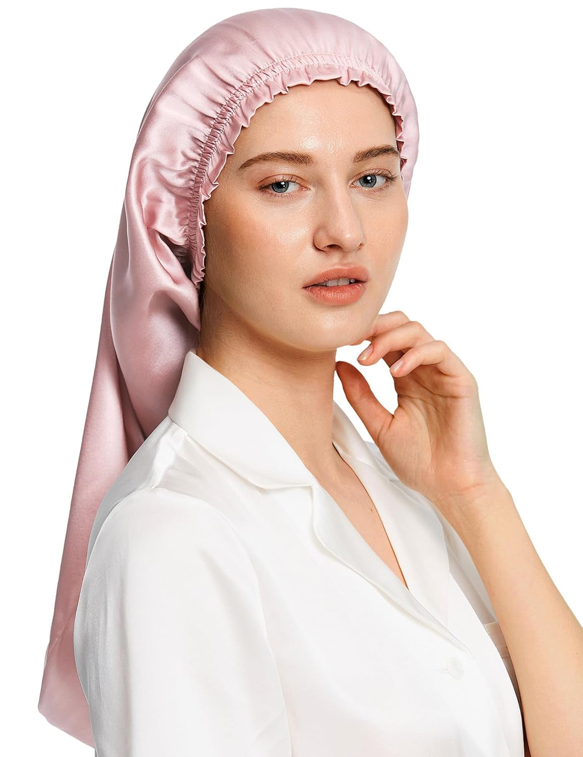 Extra Long Silk Bonnet Sleep Cap for Women Soft Adjustable Hair Bonnet for Braids,Curly,Long Hair- Soft Elastic Band, Rosy Pink