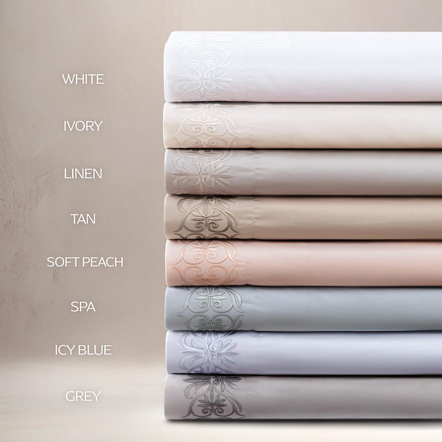 Egyptian Cotton Embroidered Pillowcase Set, Extra-Long Staple, Tone-On-Tone Scroll Embroidery, Side Envelope Enclosure, 2 Pillowcases, All Natural (Grey, Standard)