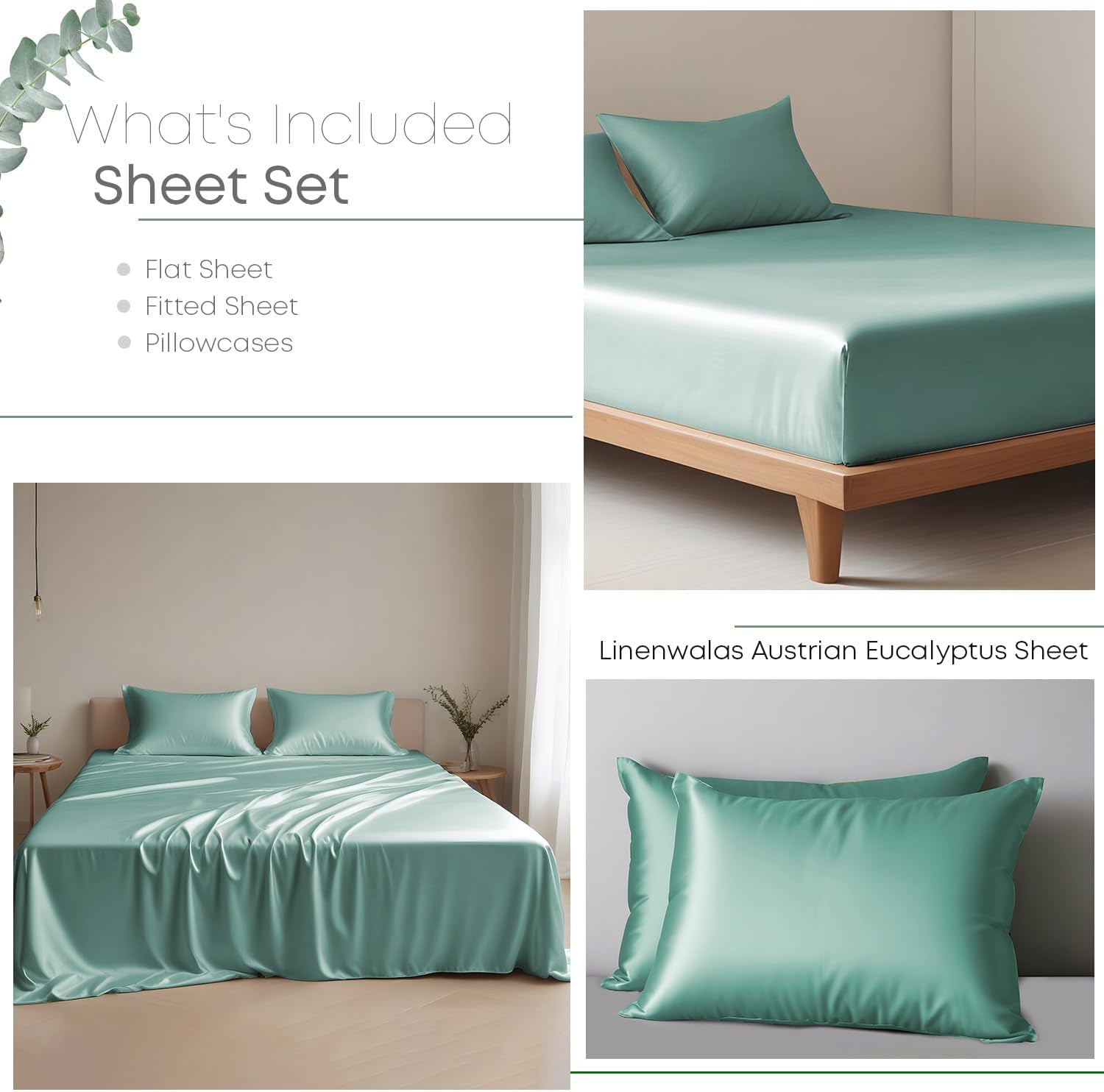 Eucalyptus Tencel Lyocell Sheets Set King Size - Cooling Breathable Silk Soft, 1 Fitted 1 Flat and 2 Pillowcases (King/Aqua)