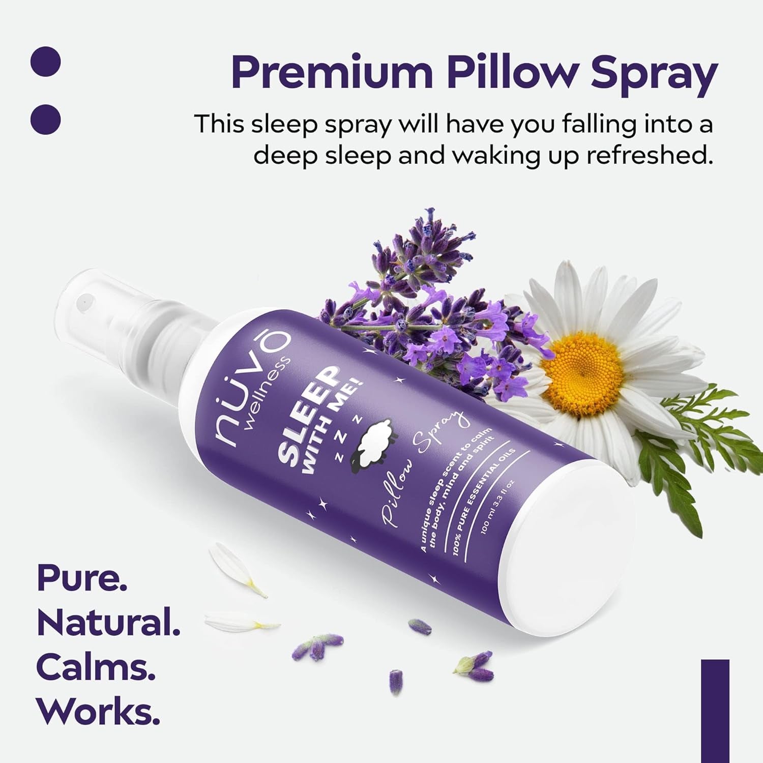 NUVO WELLNESS Premium Sleep Spray Made with Therapeutic Essential Oils - Deep Sleep Pillow Spray Mist with Lavender and Chamomile - Sleep Spray for Pillows - 4 Oz Bottle