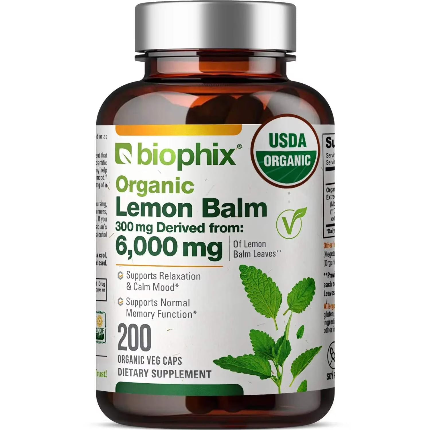 Lemon Balm Organic 20:1 Extract 300Mg 200 Veggie Caps - Stress, Mood & Sleep Support