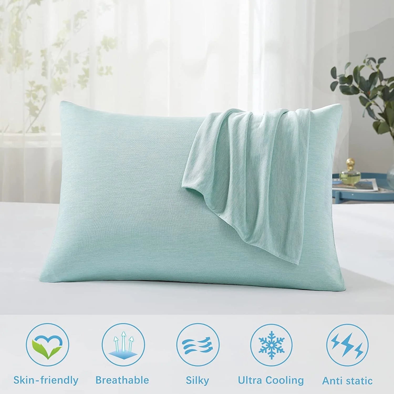 Cooling Pillowcases, Summer Pillowcase with Japanese Q-Max 0.55 Cooling Fiber, Double-Sided Design King Pillow Case with Hidden Zipper, 2 Pack, Green