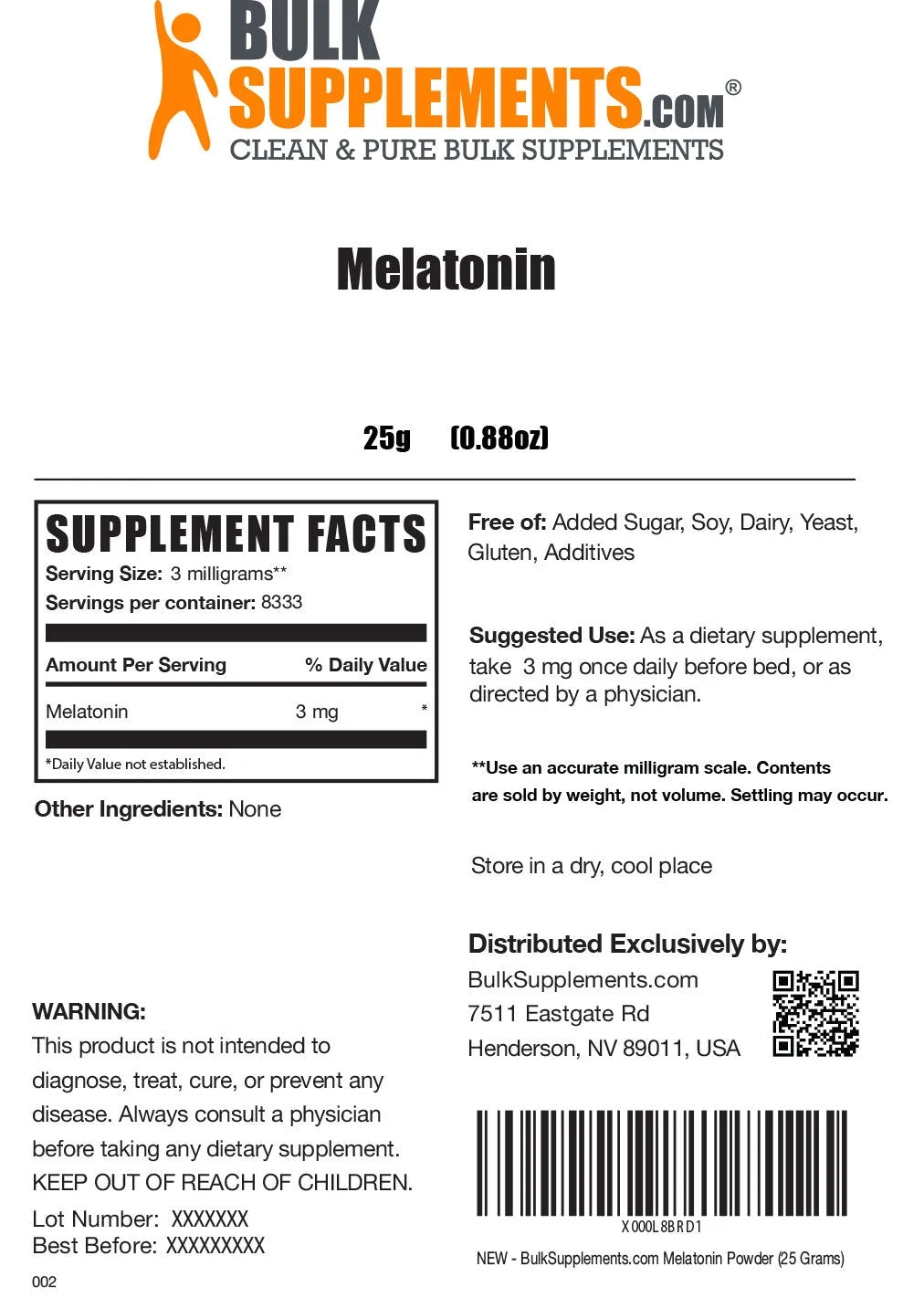 Bulksupplements Melatonin Powder - Melatonin Supplement, for Sleep Support - 3Mg per Serving, 25G (0.88 Oz)