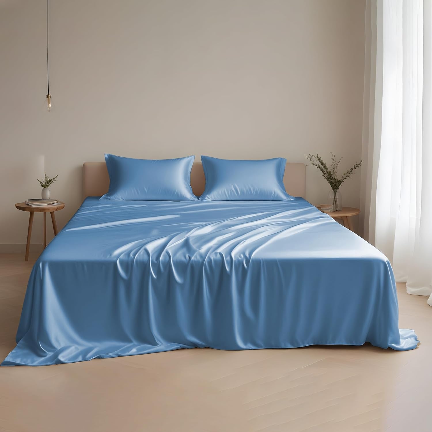 Eucalyptus Tencel Lyocell Sheets Set Full Size - Cooling Breathable Silk Soft, 1 Fitted 1 Flat and 2 Pillowcases (Full/Bahamas Blue)