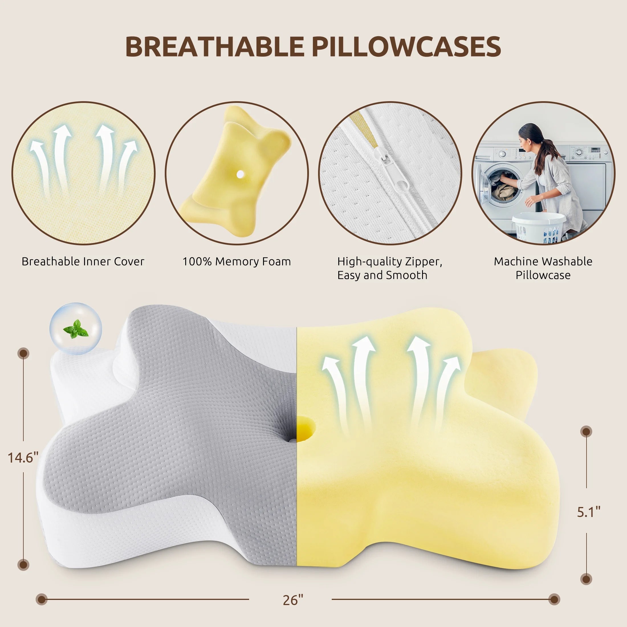 Memory Foam Pillow for Neck Pain Relief Cervical Sleepers Standard/Queen Gray