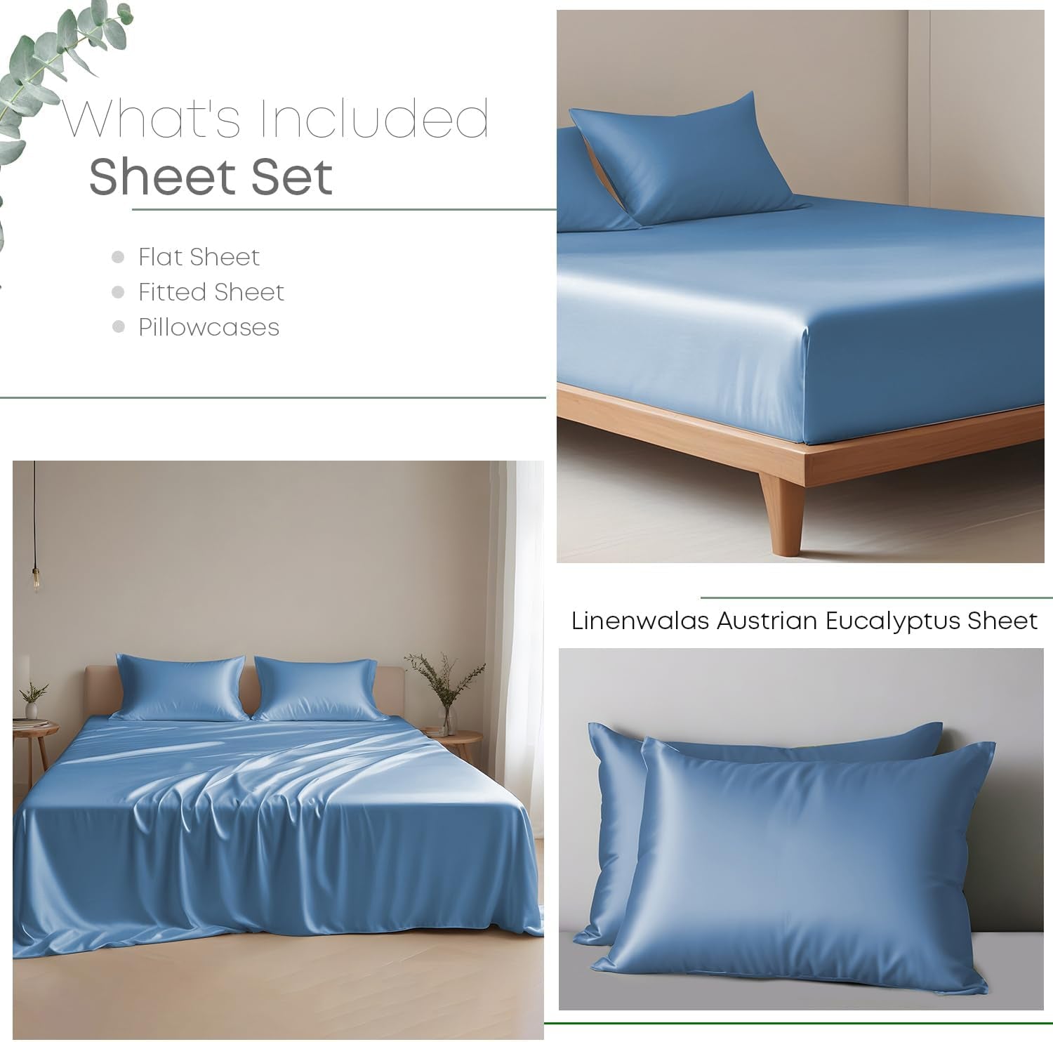 Eucalyptus Tencel Lyocell Sheets Set Full Size - Cooling Breathable Silk Soft, 1 Fitted 1 Flat and 2 Pillowcases (Full/Bahamas Blue)