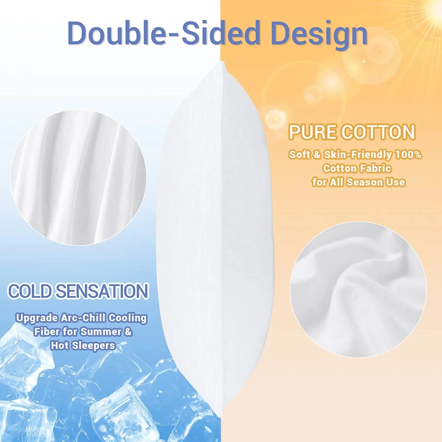 Cooling Pillowcases, Summer Pillowcase with Japanese Q-Max 0.55 Cooling Fiber, Double-Sided Design Standard Pillow Case with Hidden Zipper, 2 Pack, White