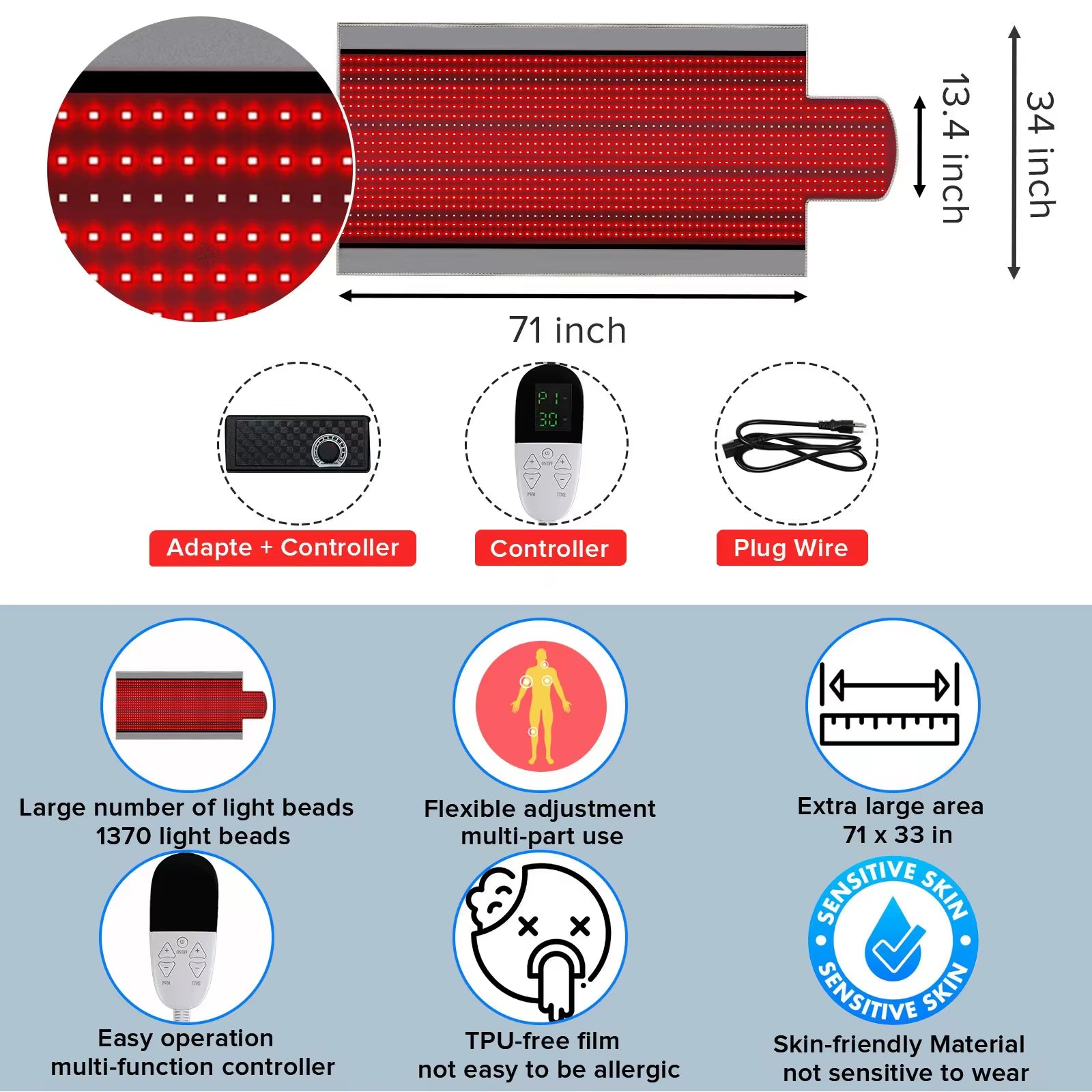 Red Light Therapy Mat with 660Nm 850Nm LED 71In by 34In Large Red Infrared Light Therapy Pad Blanket for Whole Body Pain Relief