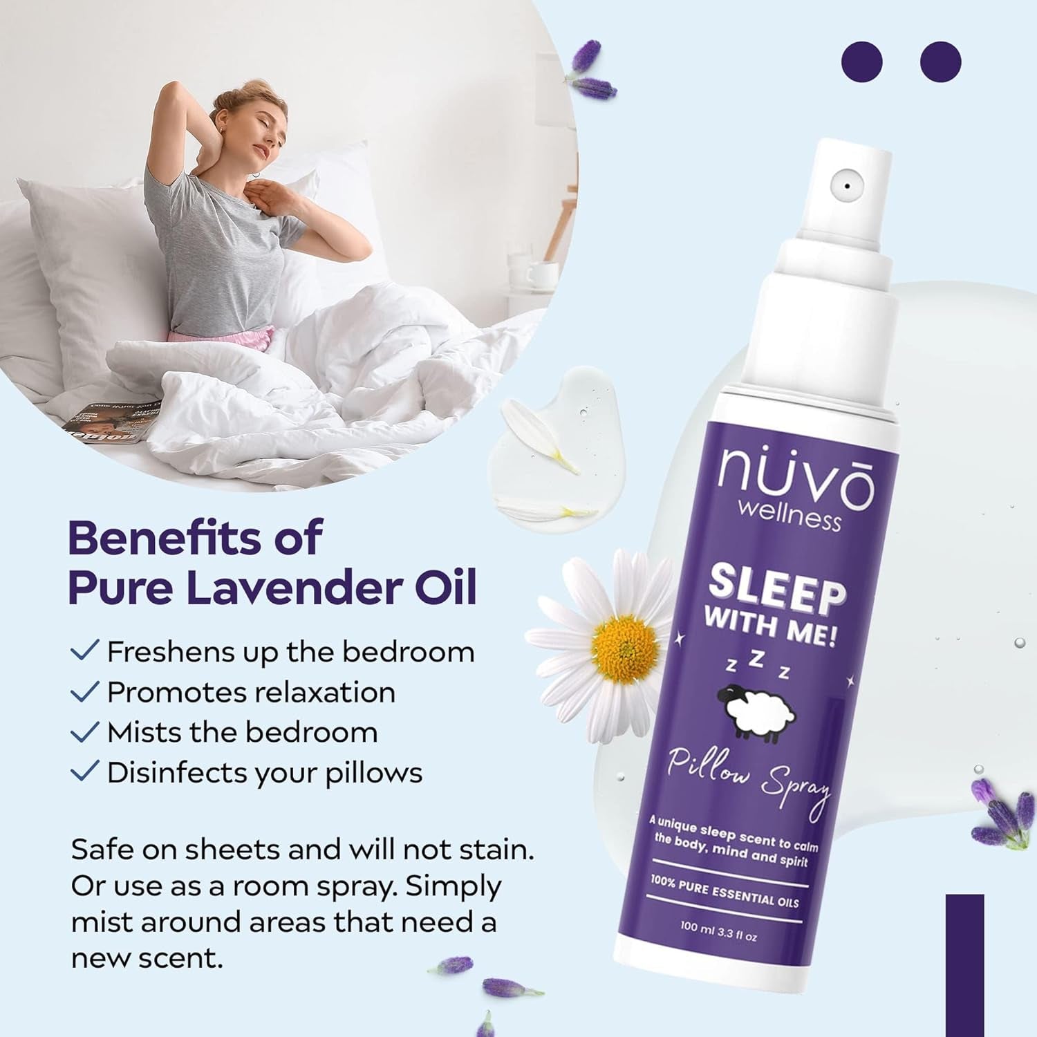 NUVO WELLNESS Premium Sleep Spray Made with Therapeutic Essential Oils - Deep Sleep Pillow Spray Mist with Lavender and Chamomile - Sleep Spray for Pillows - 4 Oz Bottle