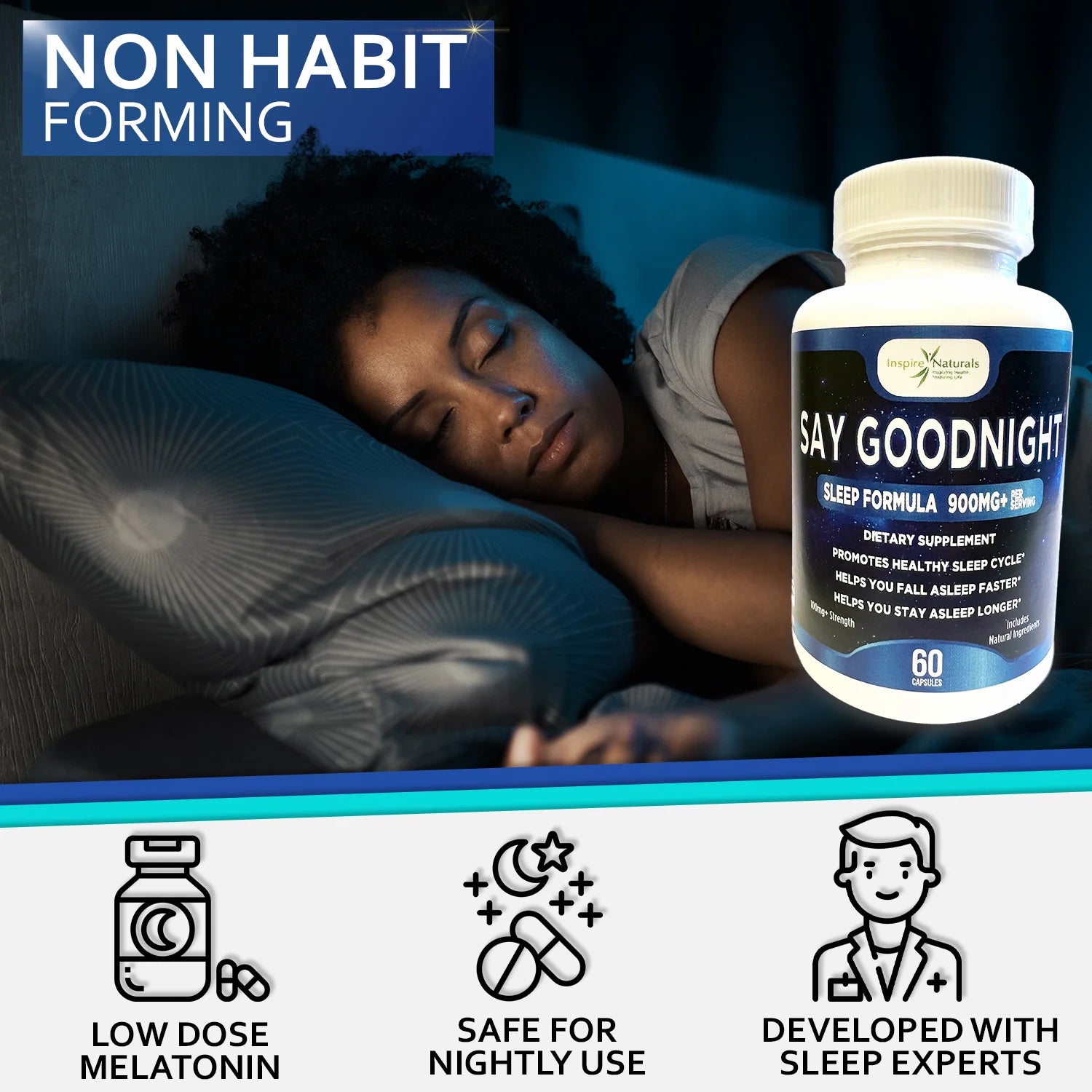 Say Goodnight Sleep Formula ~ Fall Asleep & Stay Asleep 60 Capsules, Calming & Relaxation Herbs,