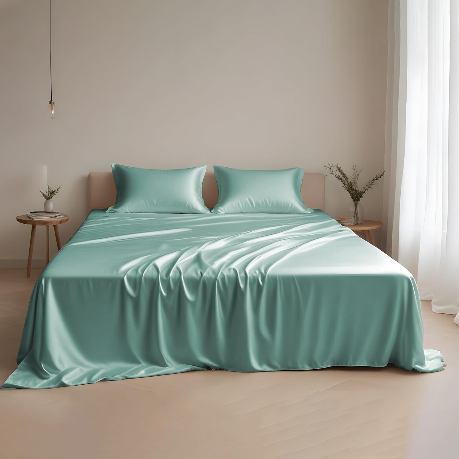 Eucalyptus Tencel Lyocell Sheets Set King Size - Cooling Breathable Silk Soft, 1 Fitted 1 Flat and 2 Pillowcases (King/Aqua)