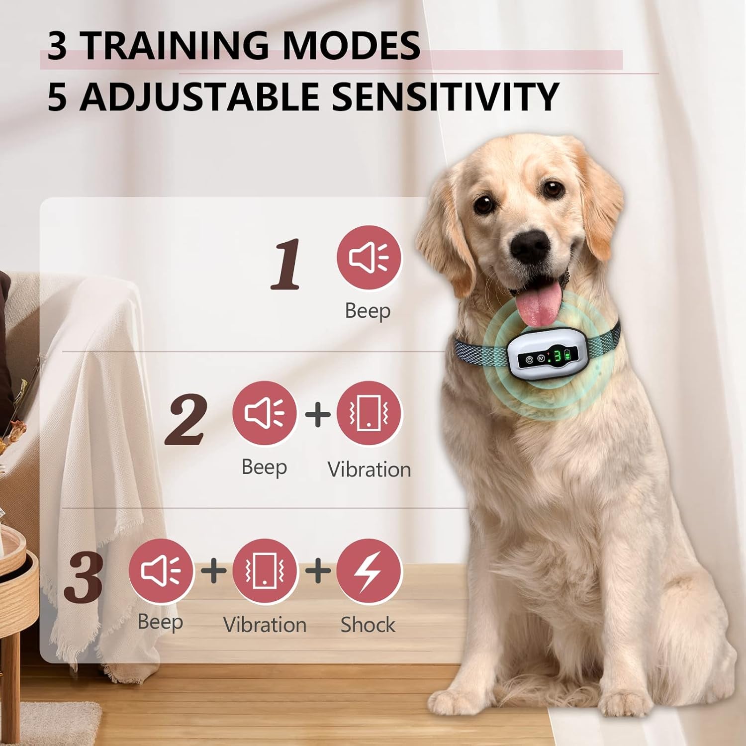 Dog Bark Collar, Anti-Barking Pet Training Collar, Waterproof E-Bark Shock Collar for Large Medium Small Dogs, Rechargeable Barking Collar with Beep Vibration Shock, 5 Adjustable Sensitivity (White)