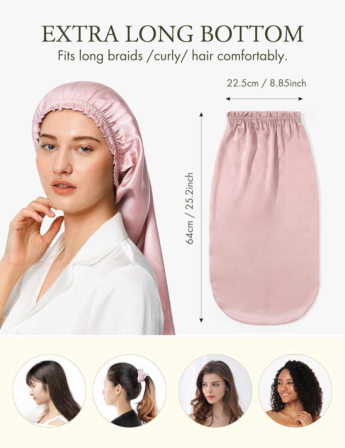 Extra Long Silk Bonnet Sleep Cap for Women Soft Adjustable Hair Bonnet for Braids,Curly,Long Hair- Soft Elastic Band, Rosy Pink