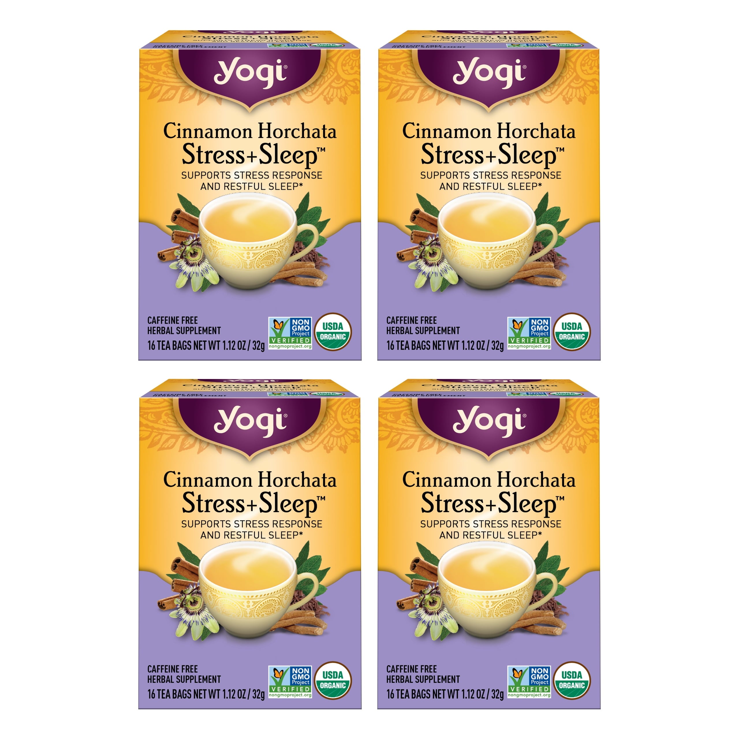 Tea, Cinnamon Horchata Stress + Sleep, Herbal Tea, Wellness Tea Bags, 4 Boxes of 16