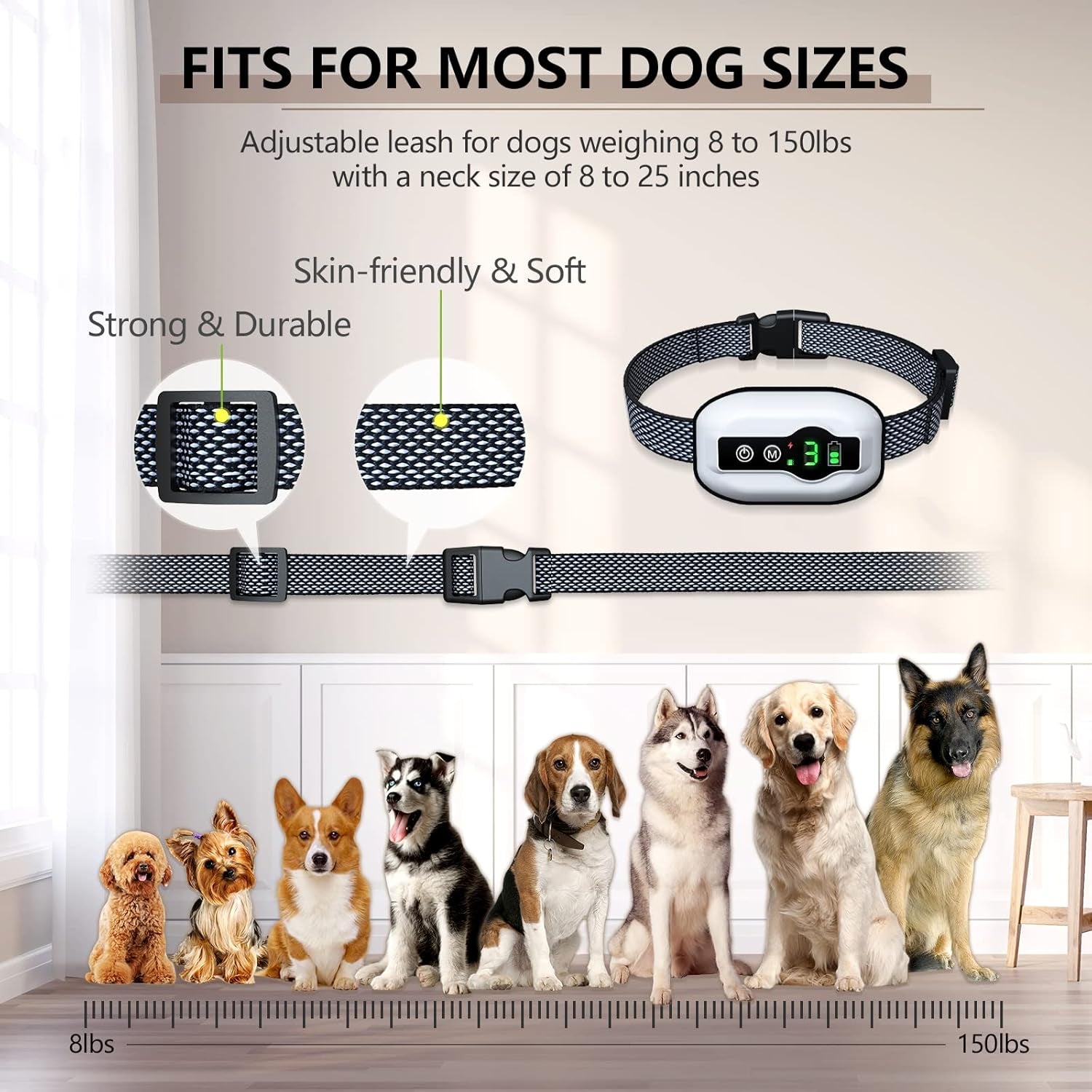 Dog Bark Collar, Anti-Barking Pet Training Collar, Waterproof E-Bark Shock Collar for Large Medium Small Dogs, Rechargeable Barking Collar with Beep Vibration Shock, 5 Adjustable Sensitivity (White)