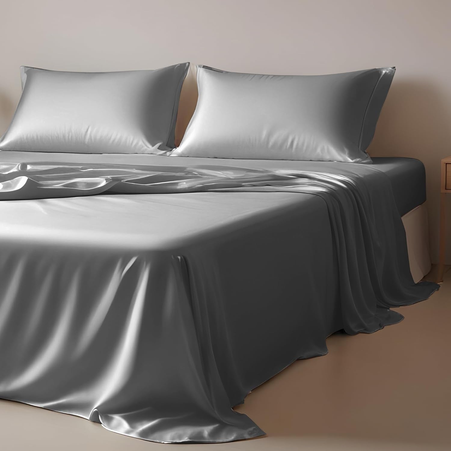 Eucalyptus Tencel Bed Sheet Set Queen Size 4Pc - Grey Bedding Lyocell 16" Deep Pocket Sheets - Soft Breathable & Cooling Sheets Set for Hot Sleepers (Queen, Light Grey)