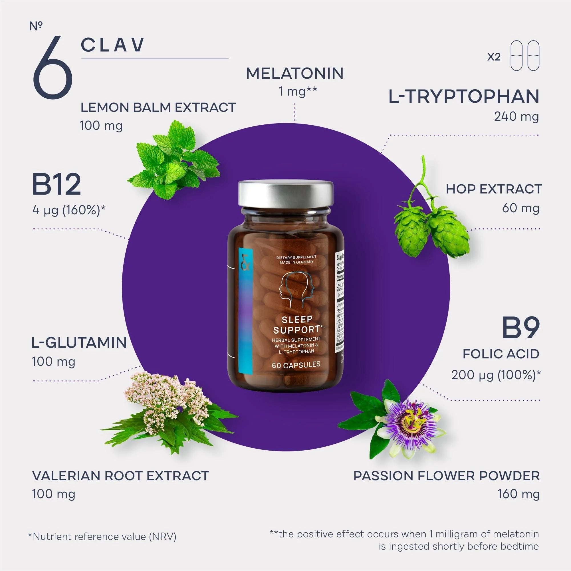 Natural Sleep Support with Melatonin 1 Mg L Tryptophan Passionflower Valerian