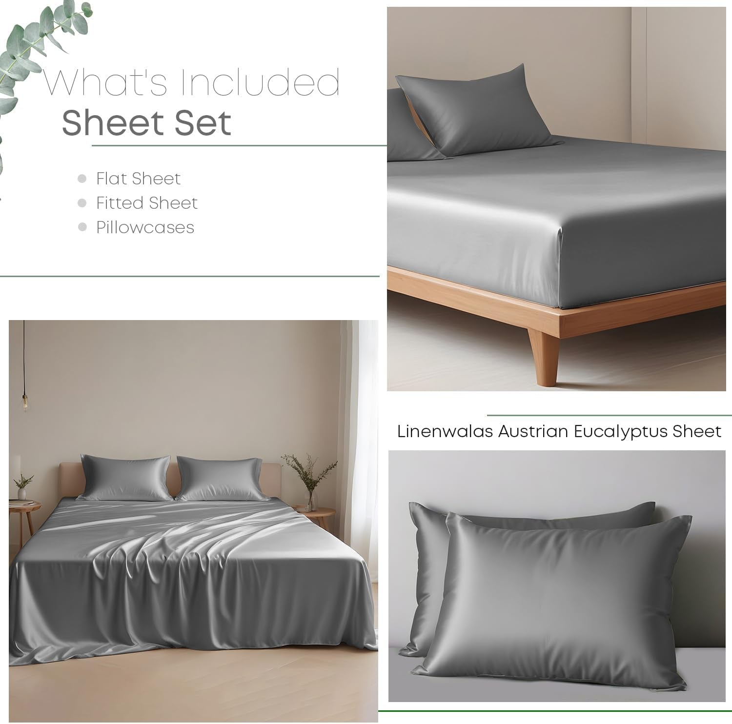 Eucalyptus Tencel Bed Sheet Set Queen Size 4Pc - Grey Bedding Lyocell 16" Deep Pocket Sheets - Soft Breathable & Cooling Sheets Set for Hot Sleepers (Queen, Light Grey)