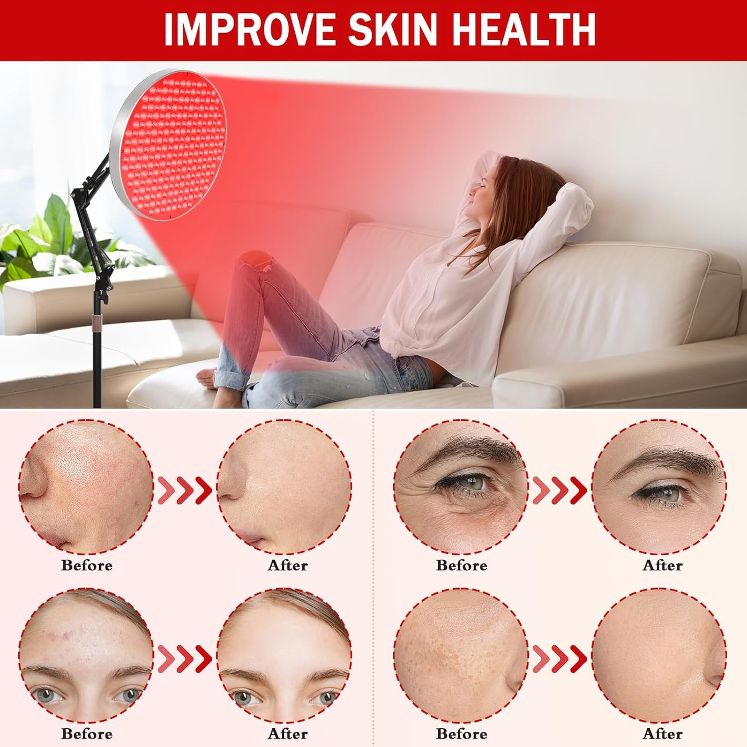 Round Red Light Therapy for Face and Body, Adjustable Height Stand, 660Nm Red Light Therapy & 850Nm Infrared Light Therapy Device,Skin Beauty