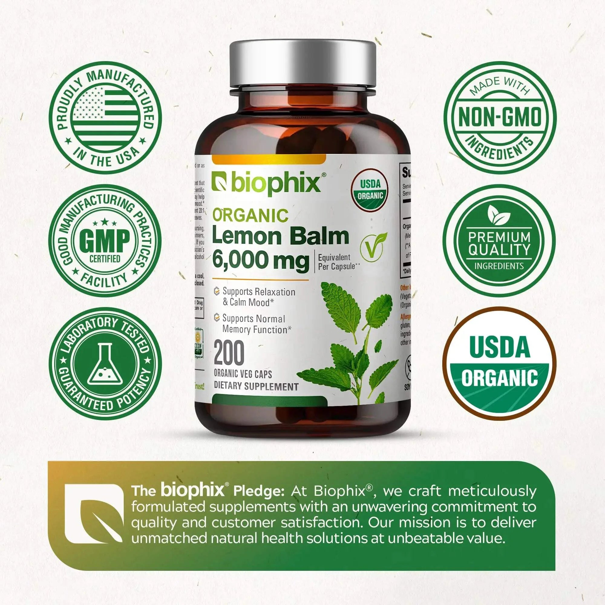 Lemon Balm Organic 20:1 Extract 300Mg 200 Veggie Caps - Stress, Mood & Sleep Support