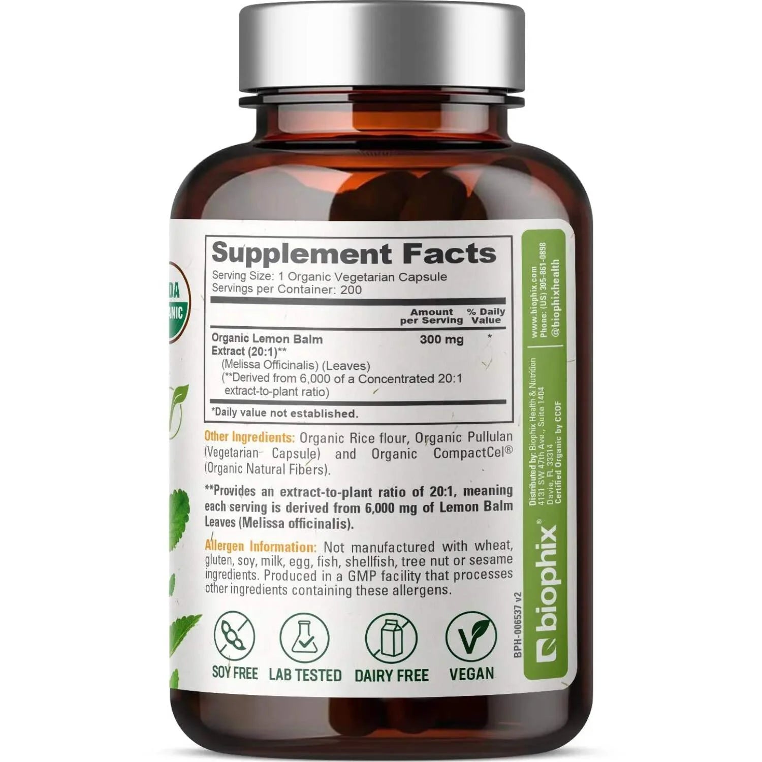 Lemon Balm Organic 20:1 Extract 300Mg 200 Veggie Caps - Stress, Mood & Sleep Support