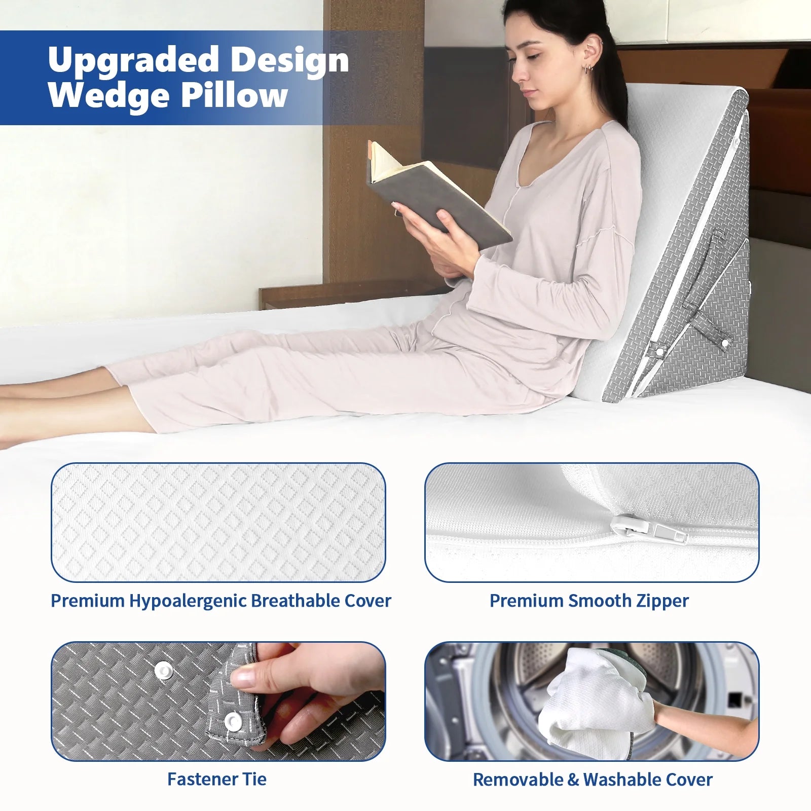Bed Wedge Pillow for Sleeping, 7.5 & 9 & 11 & 12 Inch Adjustable Memory Foam Triangle Wedge Pillow Post Surgery for Back, Legs and Knee Support, Acid Reflux, Gerd, Heartburn and Snoring