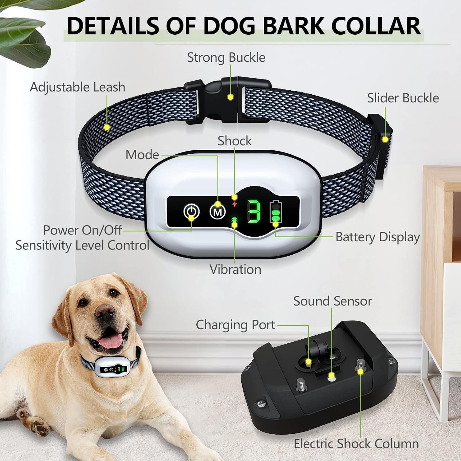 Dog Bark Collar, Anti-Barking Pet Training Collar, Waterproof E-Bark Shock Collar for Large Medium Small Dogs, Rechargeable Barking Collar with Beep Vibration Shock, 5 Adjustable Sensitivity (White)