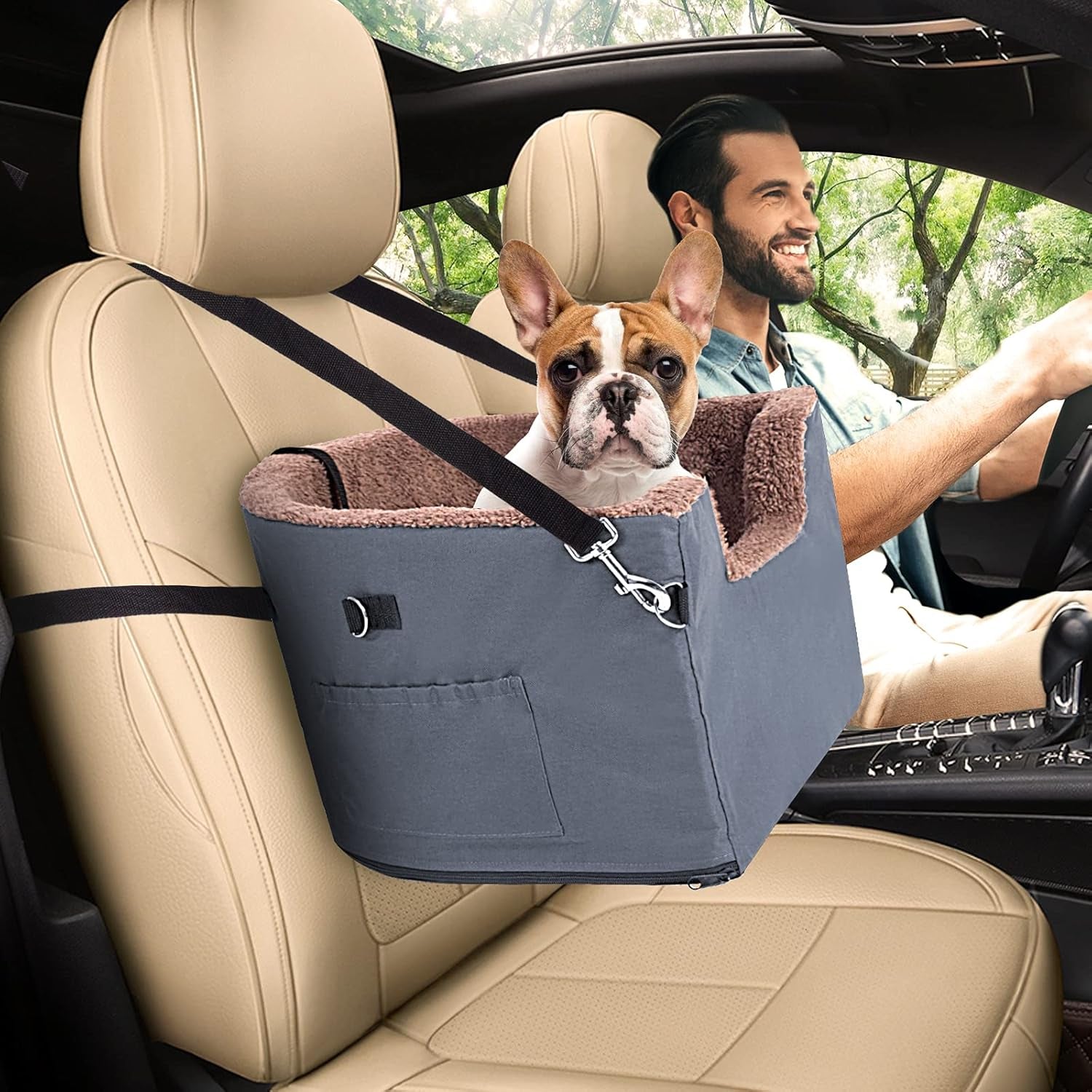 Dog Booster Seat Elevated Dog Car Seat for Small Dogs - with Storage Pocket and Clip-On Safety Leash, Warm Plush Pet Booster Seat, Blue