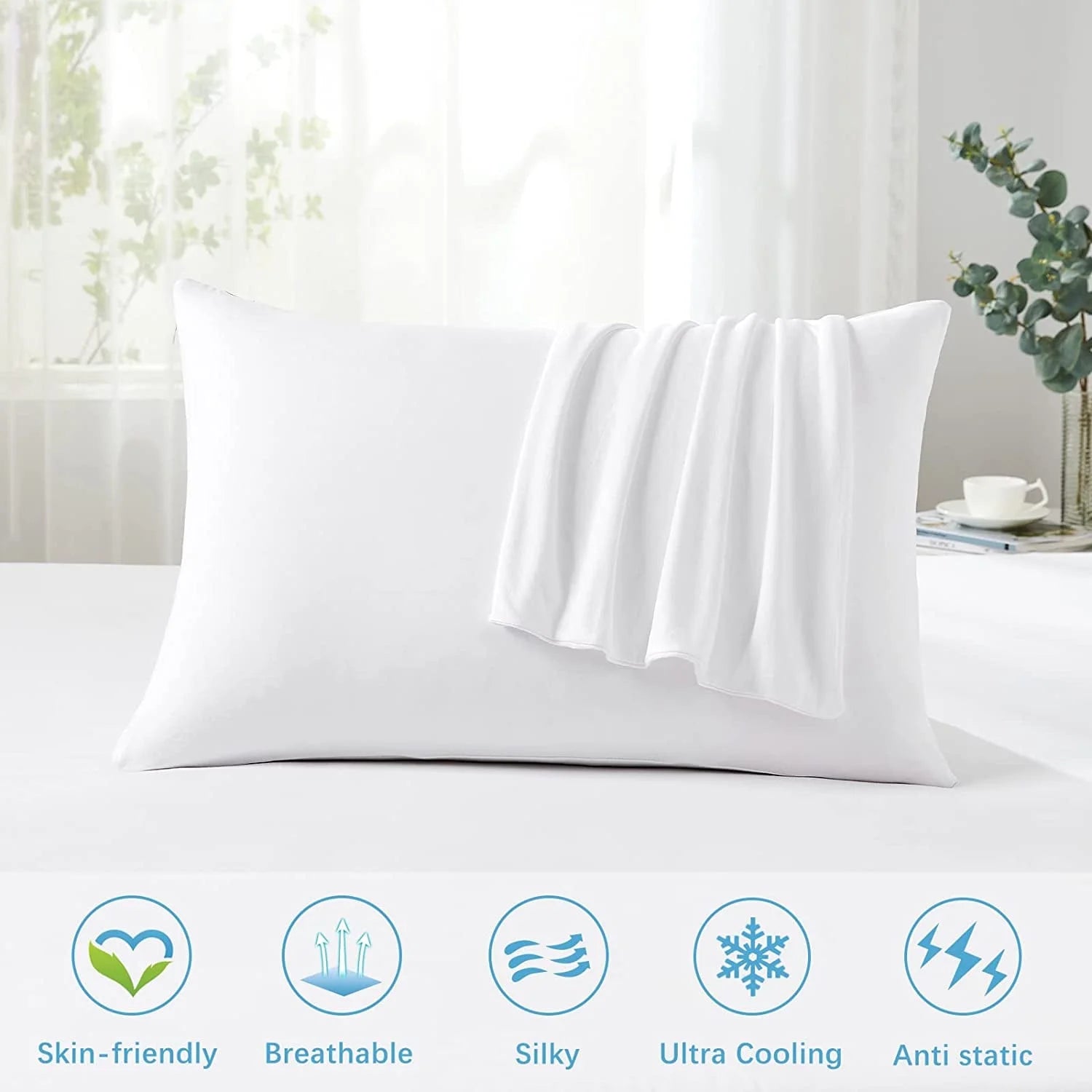 Cooling Pillowcases, Summer Pillowcase with Japanese Q-Max 0.55 Cooling Fiber, Double-Sided Design Standard Pillow Case with Hidden Zipper, 2 Pack, White