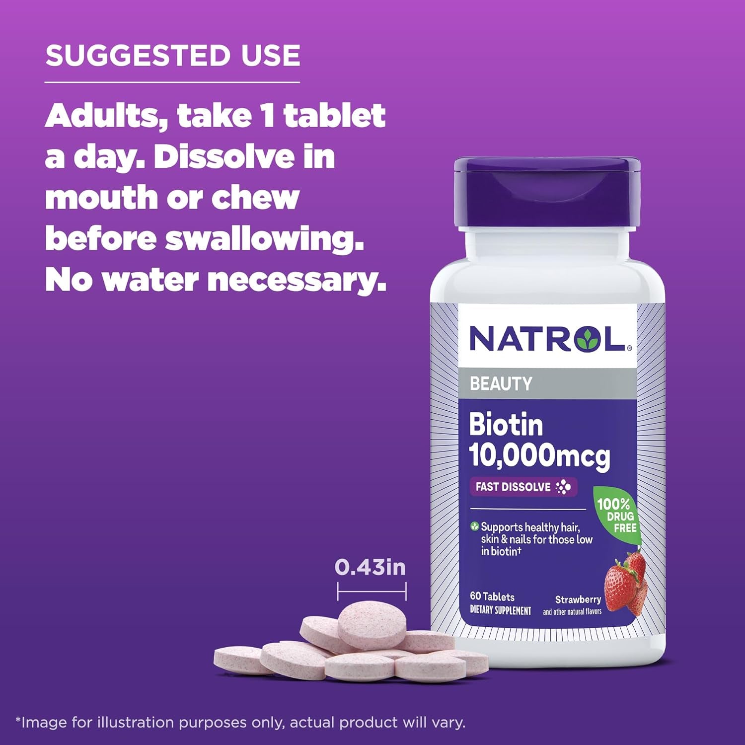Biotin 10000Mcg, 4X Faster Dissolve Supplement for Healthy Hair, Skin and Nails for Those Low in Biotin, plus Energy Metabolism Support, 60 Tablets, up to a 60 Day Supply