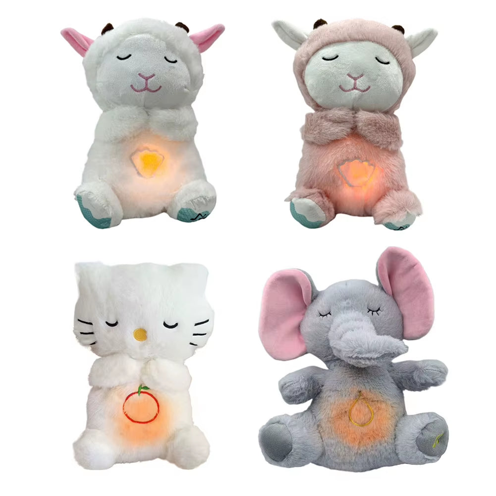 Cute Animal Baby Sound Machine with Music Lights Rhythmic Breathing Motion Comfort Doll Plush Stuffed Animal for Newborn Infants