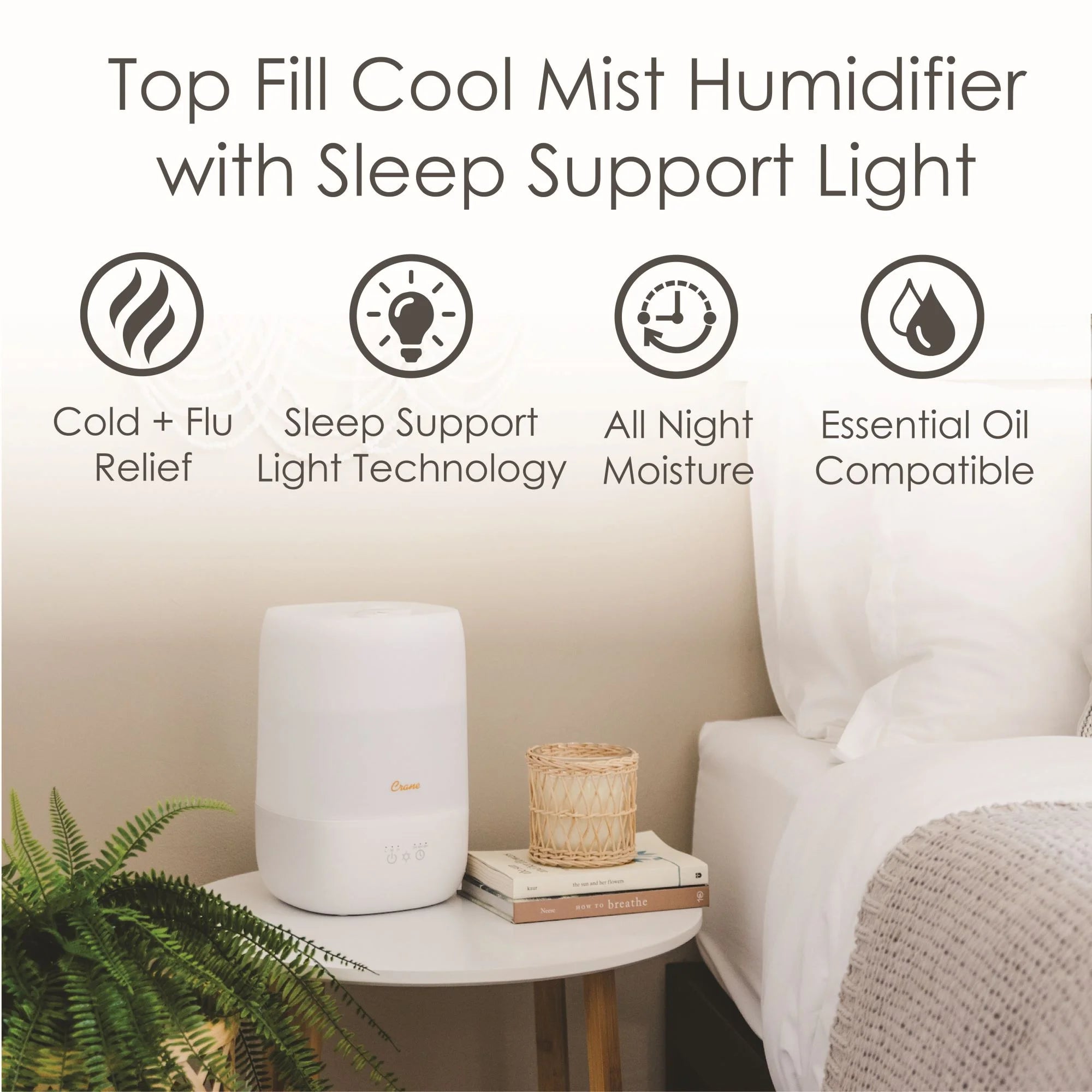 Top Fill Cool Mist Humidifier - 1 Gallon with Sleep Support Light & Essential Oil Tray