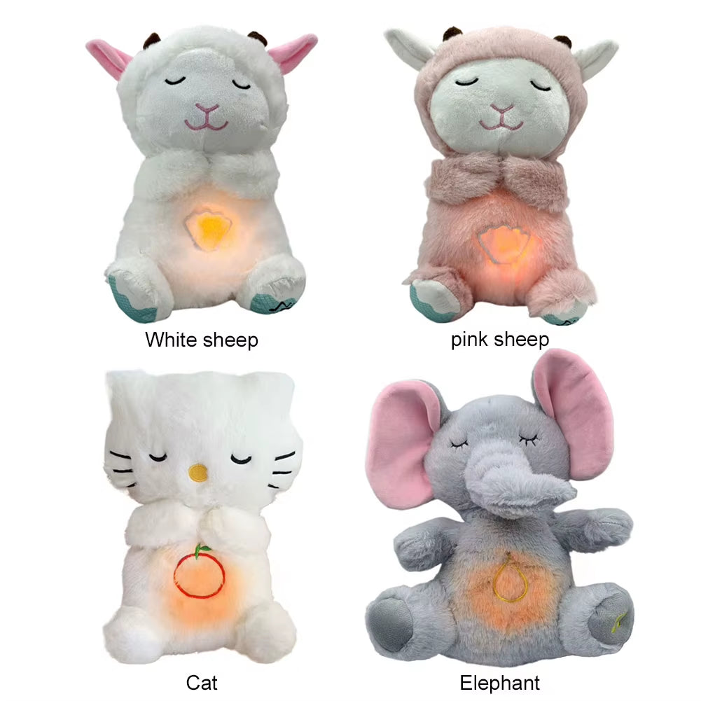Cute Animal Baby Sound Machine with Music Lights Rhythmic Breathing Motion Comfort Doll Plush Stuffed Animal for Newborn Infants