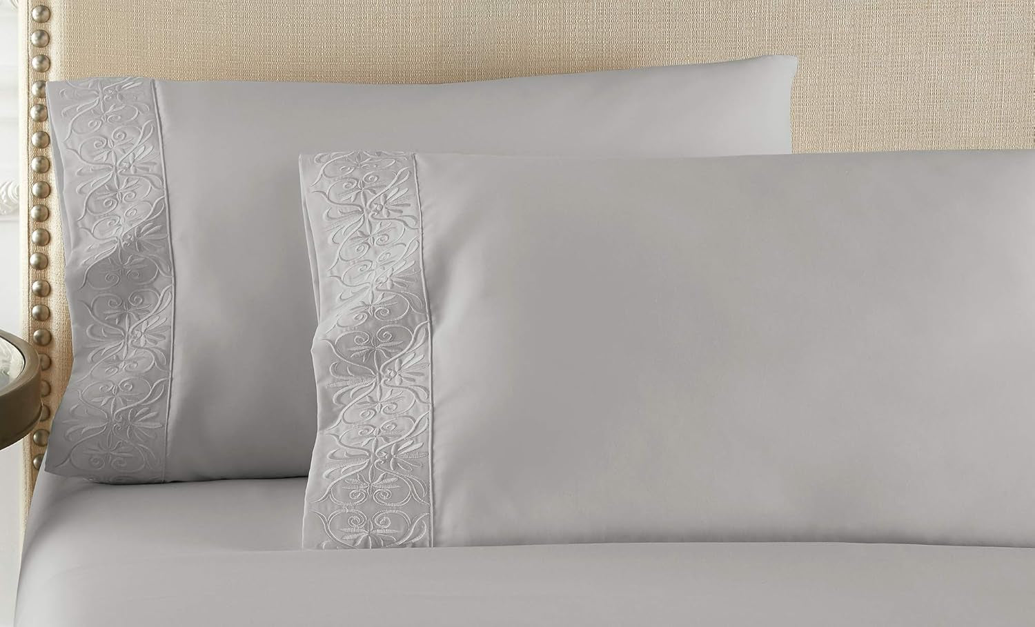 Egyptian Cotton Embroidered Pillowcase Set, Extra-Long Staple, Tone-On-Tone Scroll Embroidery, Side Envelope Enclosure, 2 Pillowcases, All Natural (Grey, Standard)
