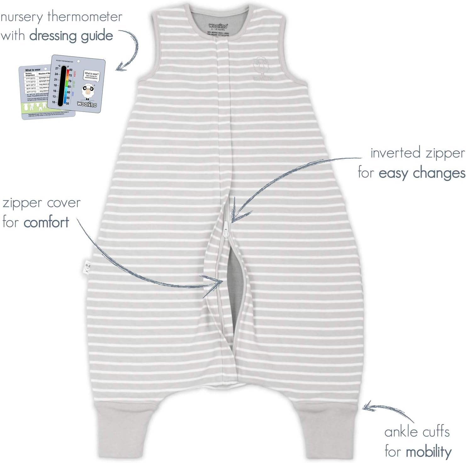 4 Season Baby Sleep Bag with Feet, Merino Wool and Organic Cotton Walker Sleep Bag Sack, Toddler Sleeping Bag, 18-36M, Gray
