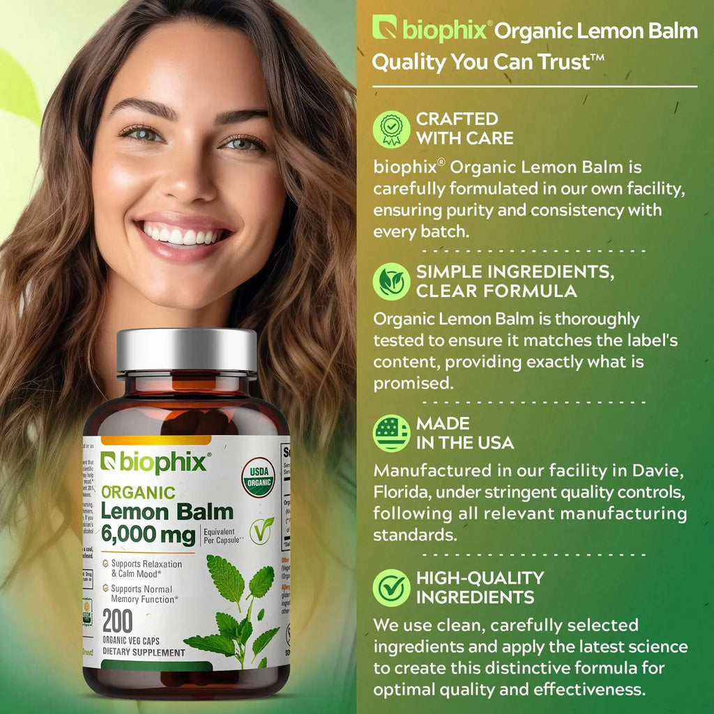 Lemon Balm Organic 20:1 Extract 300Mg 200 Veggie Caps - Stress, Mood & Sleep Support