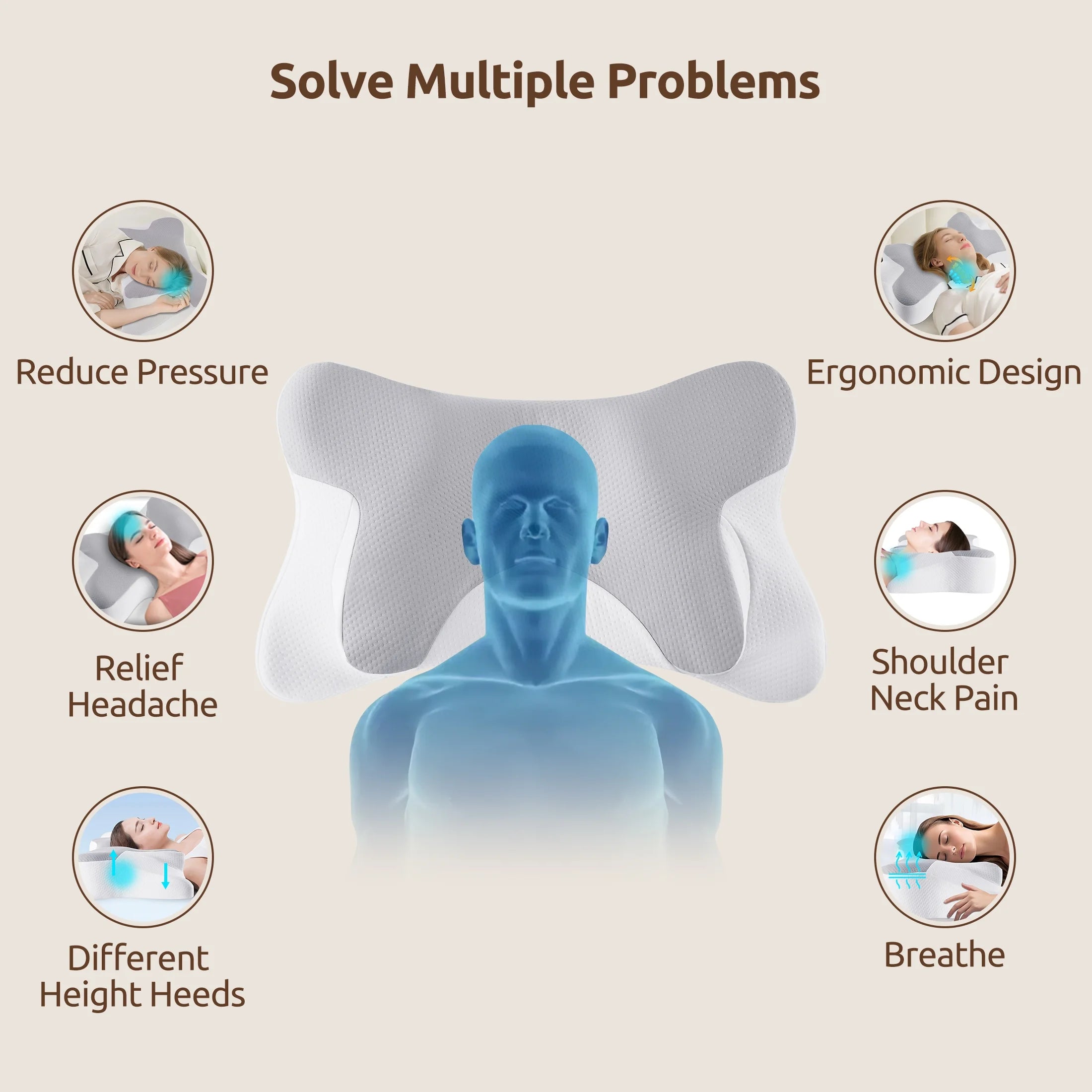 Memory Foam Pillow for Neck Pain Relief Cervical Sleepers Standard/Queen Gray