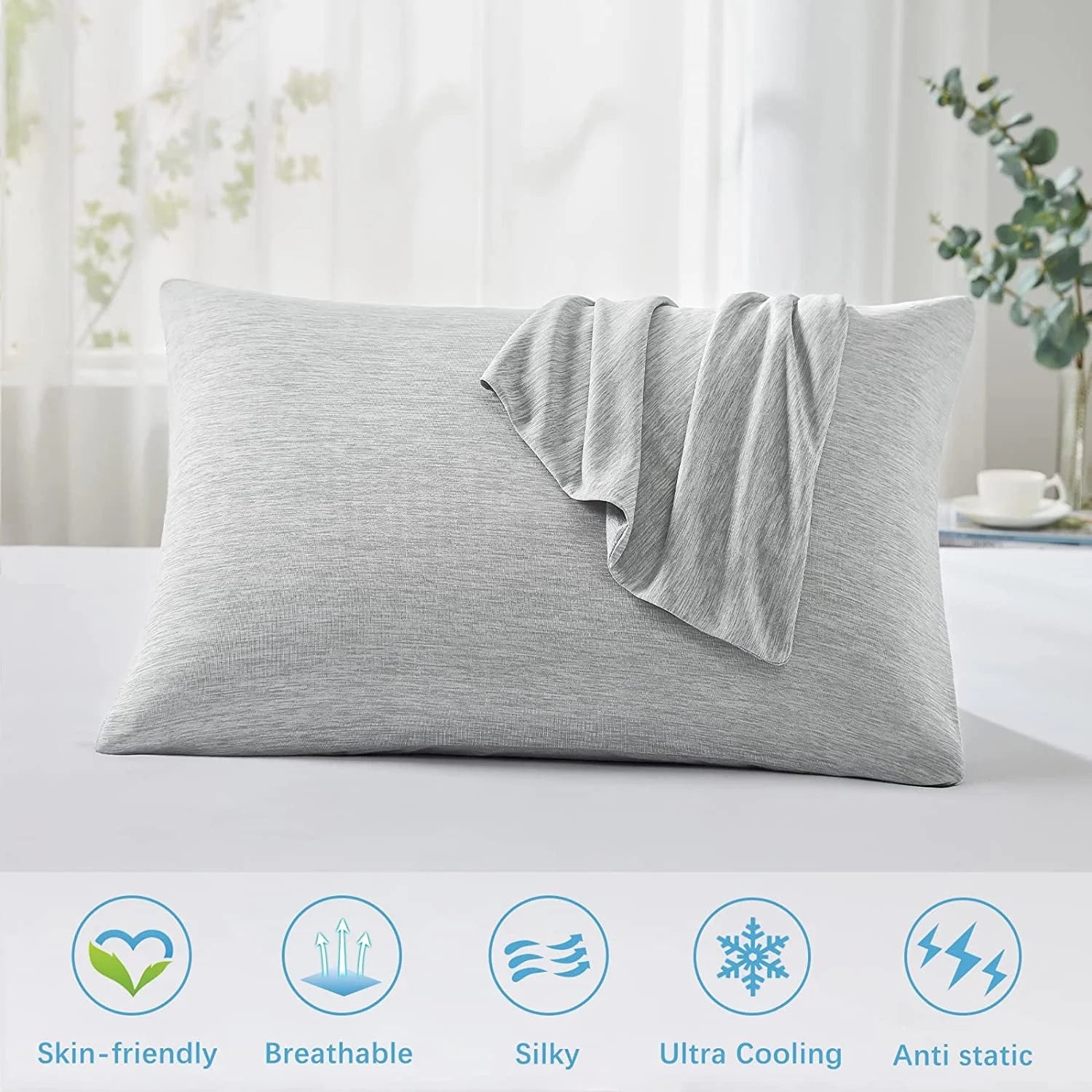 Cooling Pillowcases, Summer Pillowcase with Japanese Q-Max 0.55 Cooling Fiber, Double-Sided Design Standard Pillow Case with Hidden Zipper, 2 Pack, Gray