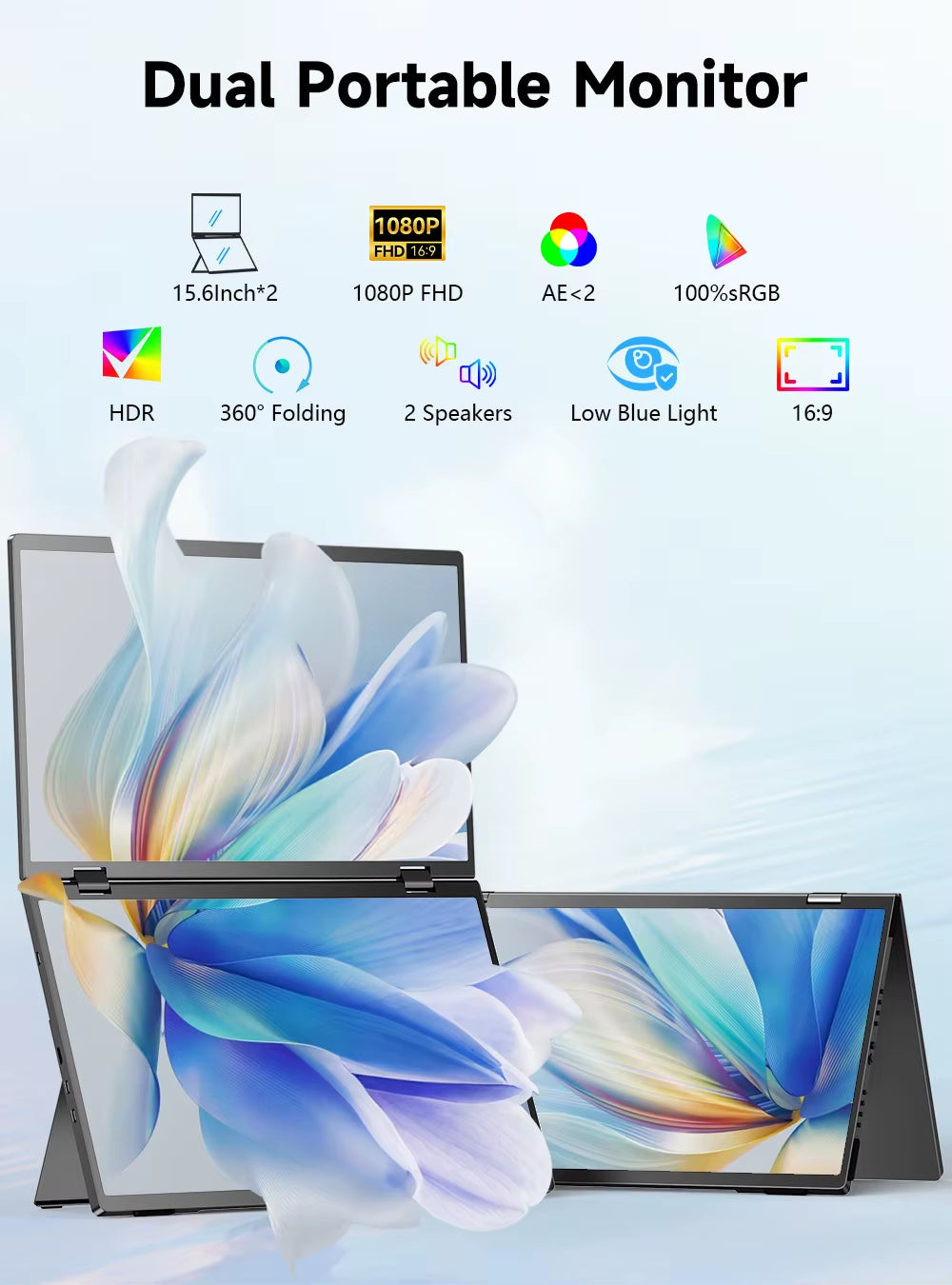 15.6-Inch Dual Foldable Portable Monitor - 1080P 100% sRGB USB-C HDMI Triple Laptop Screen Extender
