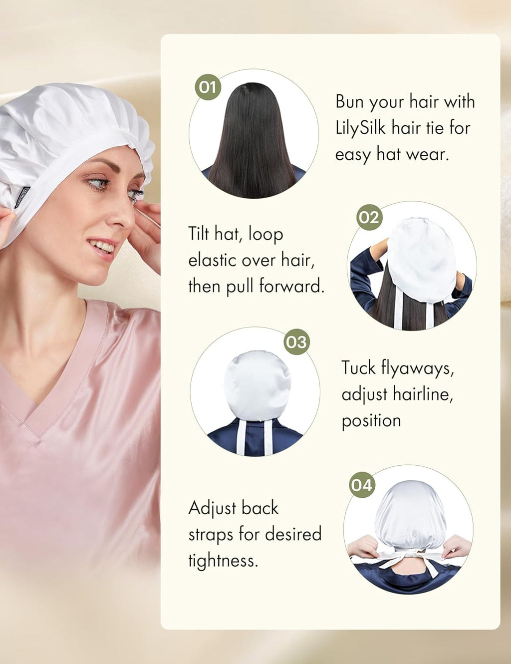 100% Mulberry Silk Bonnet, 19 Momme Silk Night Sleep Cap Adjustable Hair Wrap for Sleeping, Ivory