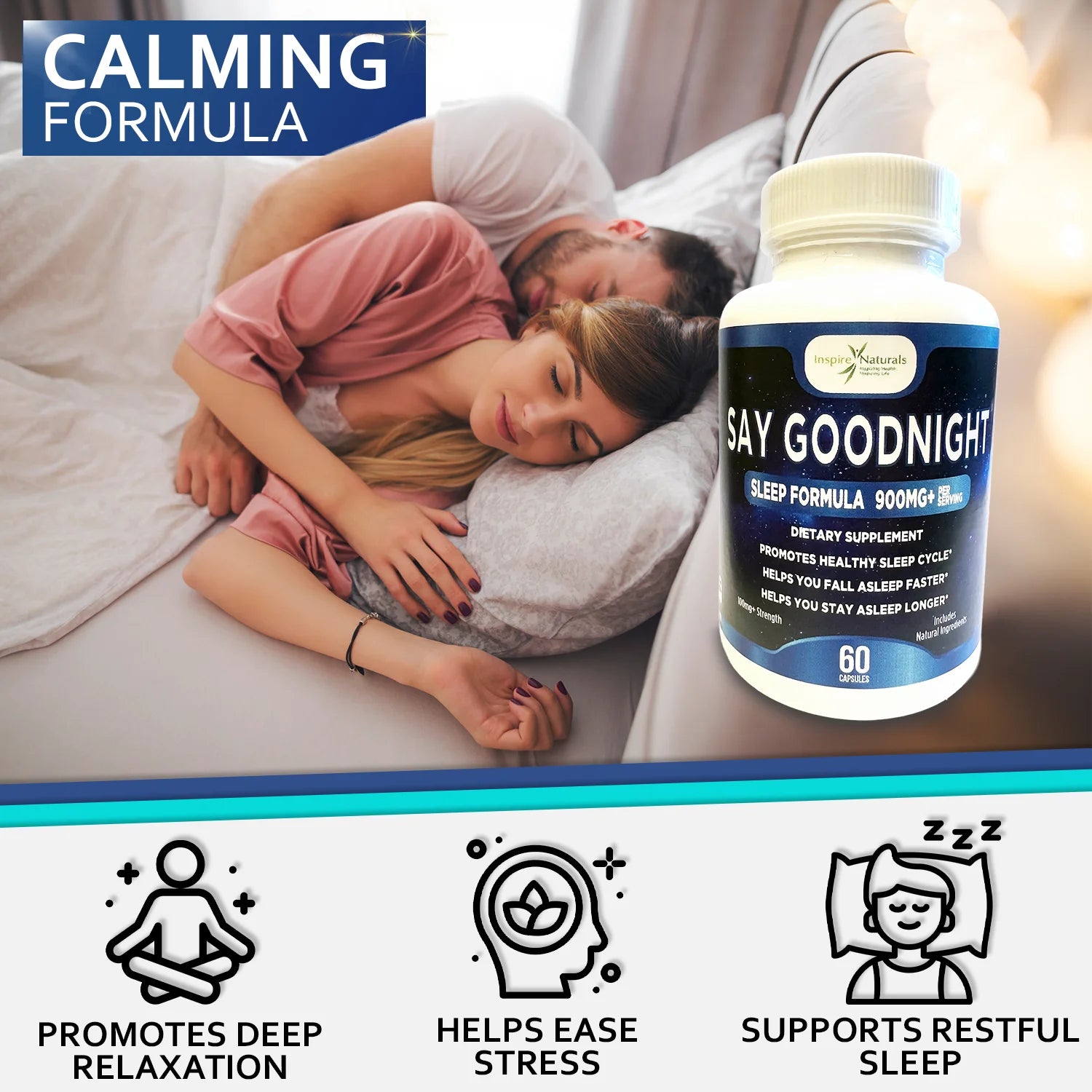 Say Goodnight Sleep Formula ~ Fall Asleep & Stay Asleep 60 Capsules, Calming & Relaxation Herbs,