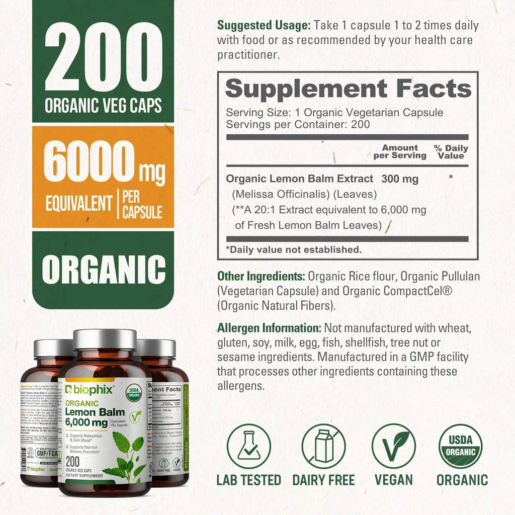 Lemon Balm Organic 20:1 Extract 300Mg 200 Veggie Caps - Stress, Mood & Sleep Support