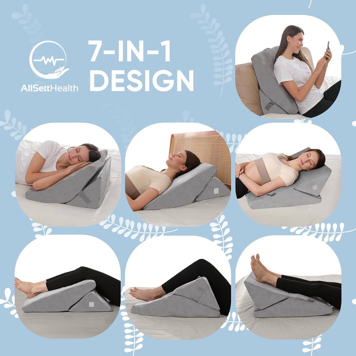 Allsett Health Adjustable Bed Wedge Pillow for Sleep Apnea, 7 in 1 Body Position