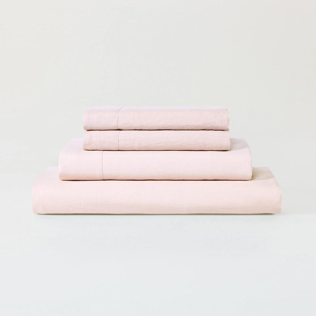 Stone Washed Organic French Linen Bed Sheet Set, GOTS Certified Organic, Best Cooling Linen Sheet Award by Sleep Foundation, 1 Flat Sheet Only (Blush, Full/Queen)