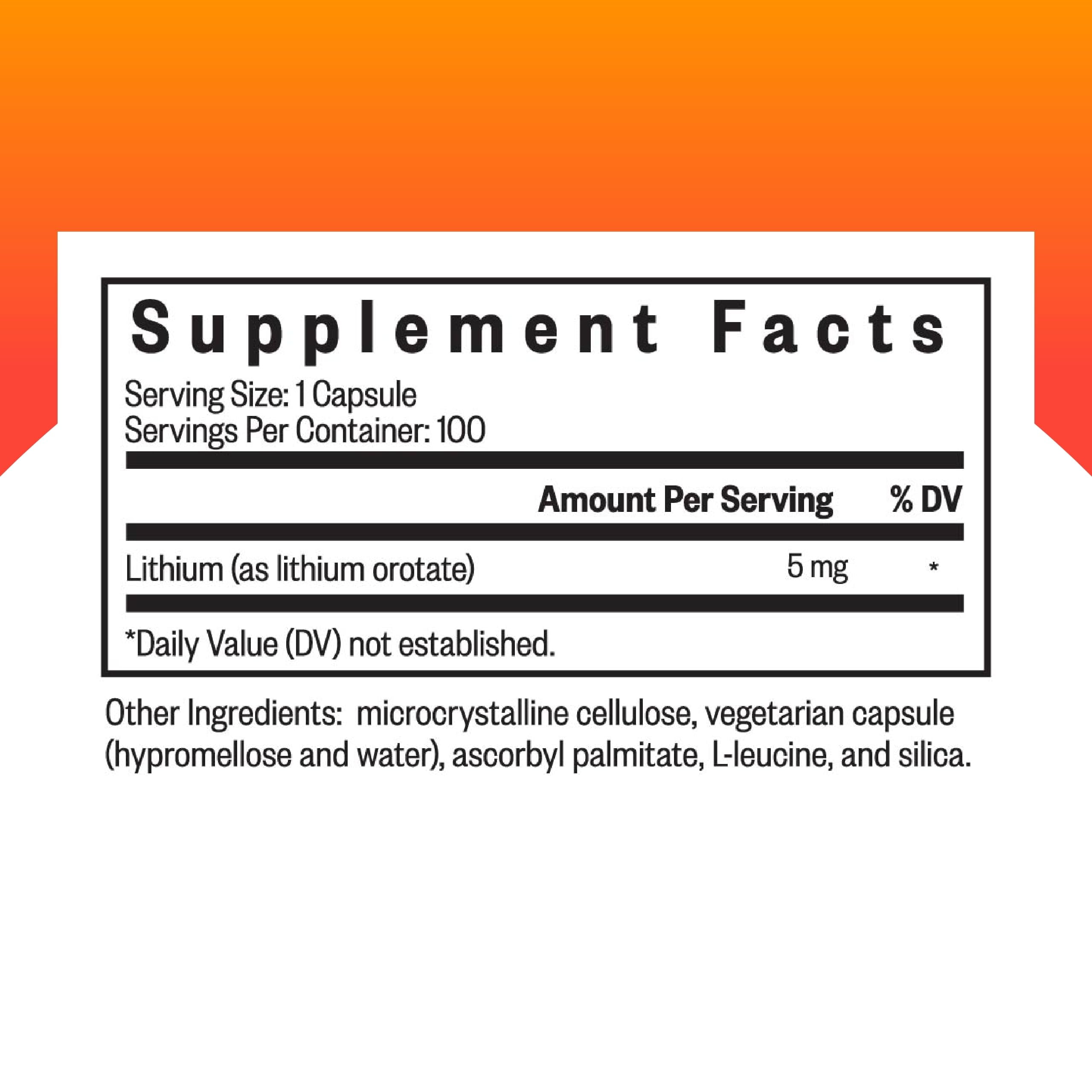 Lithium Orotate - Mineral Supplement Supports Brain Health & Memory - Non-Gmo & Gluten-Free Formula with Low Serving of Lithium - 5 Mg, 100 Capsules