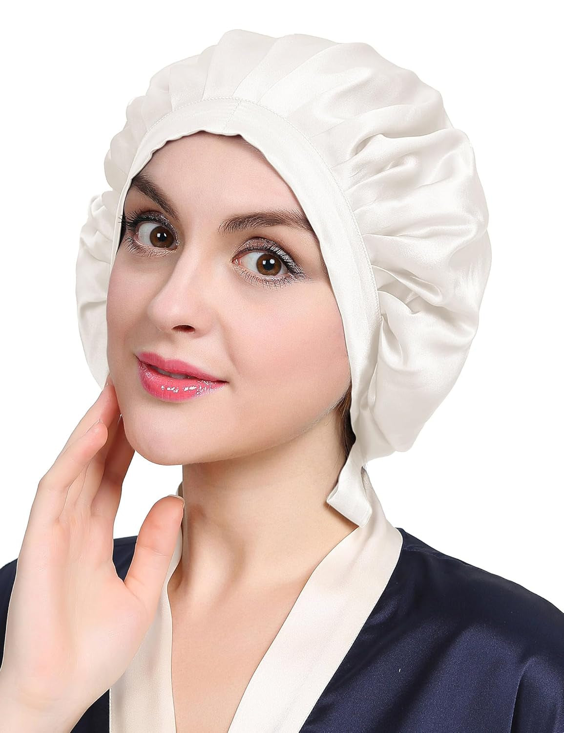 100% Mulberry Silk Bonnet, 19 Momme Silk Night Sleep Cap Adjustable Hair Wrap for Sleeping, Ivory