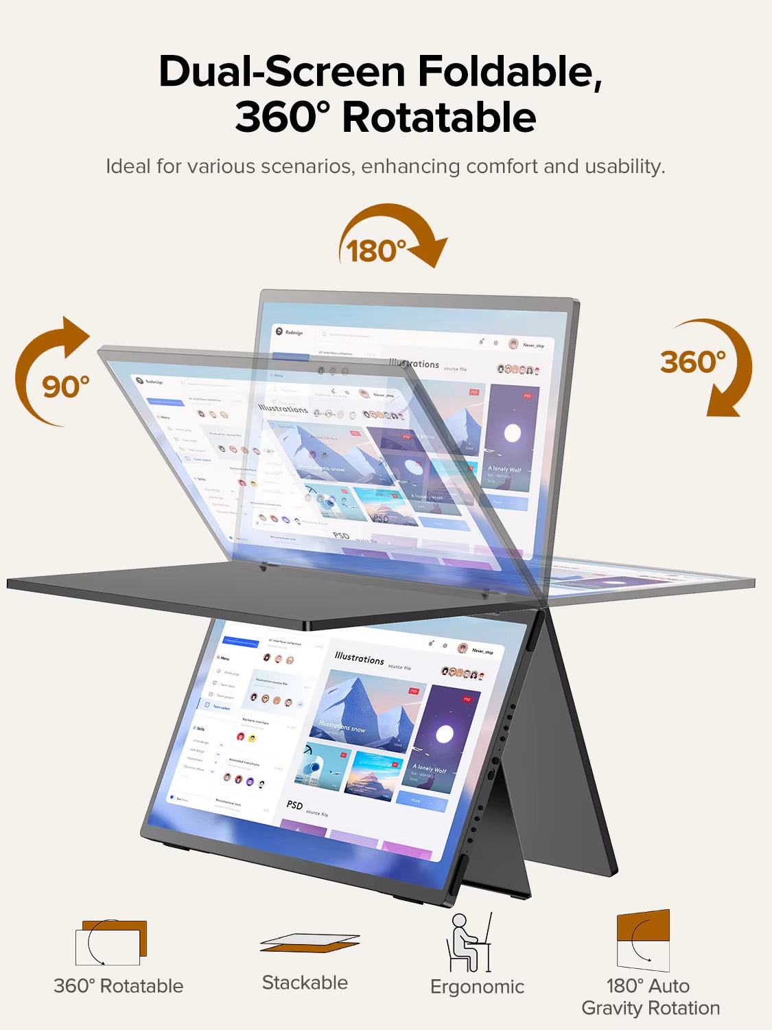 15.6-Inch Dual Foldable Portable Monitor - 1080P 100% sRGB USB-C HDMI Triple Laptop Screen Extender