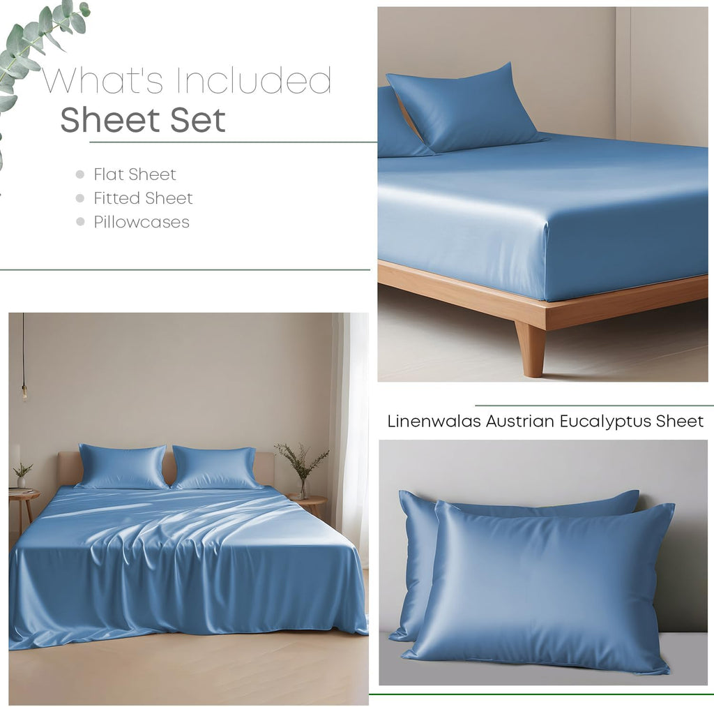 Eucalyptus Tencel Lyocell Sheets Set Full Size - Cooling Breathable Silk Soft, 1 Fitted 1 Flat and 2 Pillowcases (Full/Bahamas Blue)